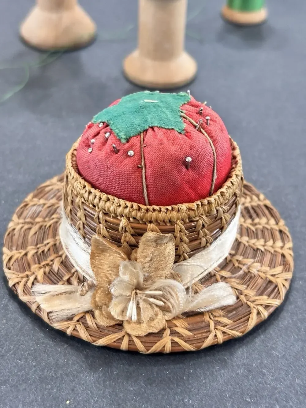 Vintage Straw Hat Tomato Pincushion Wicker Sewing Pin Cushion Cottagecore Decor